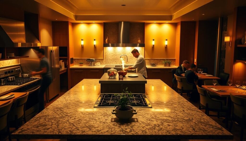 A cozy and inviting open kitchen, bathed in warm, golden lighting that casts a soft glow across the stainless steel appliances and granite countertops. A central island serves as the focal point, where a skilled chef deftly prepares a delectable dish, their movements captured in a cinematic angle, showcasing the art of live cooking. The kitchen is surrounded by natural wood accents and subtle, minimalist decor, creating a serene and sophisticated ambiance. Diners sit at strategically placed tables, captivated by the choreographed dance of the chef and the tantalizing aromas wafting through the air. The scene evokes a sense of intimacy and connection, where the boundaries between kitchen and dining room are blurred, allowing guests to fully immerse themselves in the culinary experience.