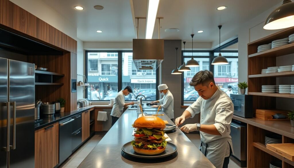 A cozy open kitchen in a modern Japanese-inspired burger joint, Quack Burgeria Kemang. The bright, airy space features sleek wood accents, brushed steel appliances, and a central chef's counter where patrons can watch the culinary magic unfold. Subtle neon lighting casts a warm glow, complementing the clean lines and minimalist decor. In the foreground, a skilled chef expertly assembles a masterful burger, combining Japanese flavors with classic American fare. The middle ground showcases the kitchen's bustling activity, with chefs in crisp white uniforms working in harmony. In the background, large windows offer a view of the vibrant Kemang neighborhood, creating an inviting atmosphere that seamlessly blends indoor and outdoor elements.