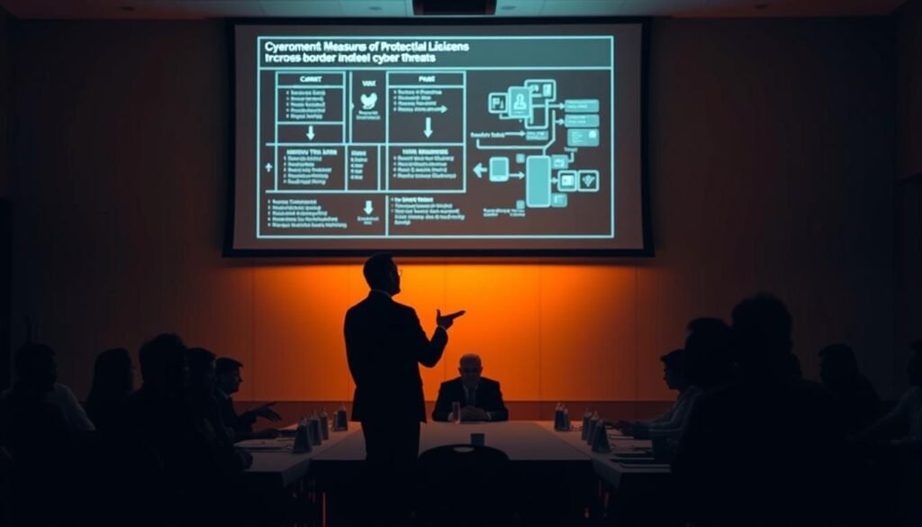 A dimly lit conference room, the silhouettes of government officials gathered around a long table. On the wall, a projection screen displays a detailed blueprint of cybersecurity measures, their edges sharp and precise. The lighting is warm, creating a sense of urgency and focus. In the foreground, a lone figure stands, hand gesturing towards the screen, explaining the concrete steps being taken to protect Indonesian citizens from cross-border cyber threats. The atmosphere is one of determination and resolve, as the officials discuss and debate the nuances of their response.
