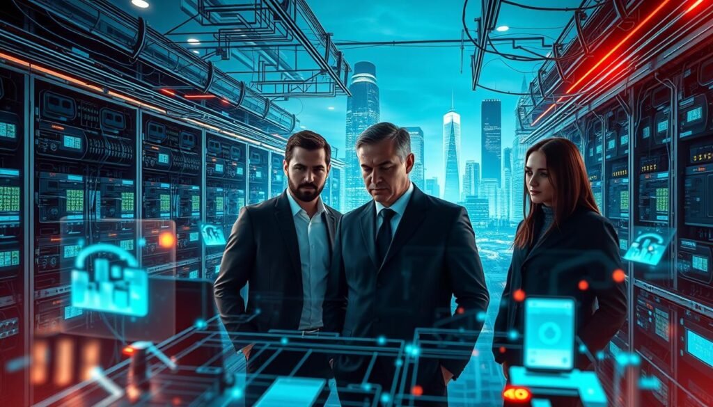 A secure digital landscape with interconnected cyber defenses, featuring state-of-the-art firewalls, intrusion detection systems, and encrypted data pathways. In the foreground, a team of cybersecurity experts collaborates, their expressions focused as they monitor real-time threat assessments on sleek, holographic displays. The middle ground showcases sophisticated networking infrastructure, with cables and servers seamlessly integrated into the architecture. In the background, a cityscape with towering skyscrapers reflects the technological prowess of the nation, underscoring the importance of robust cyber protection. Soft, directional lighting creates an atmosphere of professionalism and high-tech innovation, while a sense of urgency and determination pervades the scene.