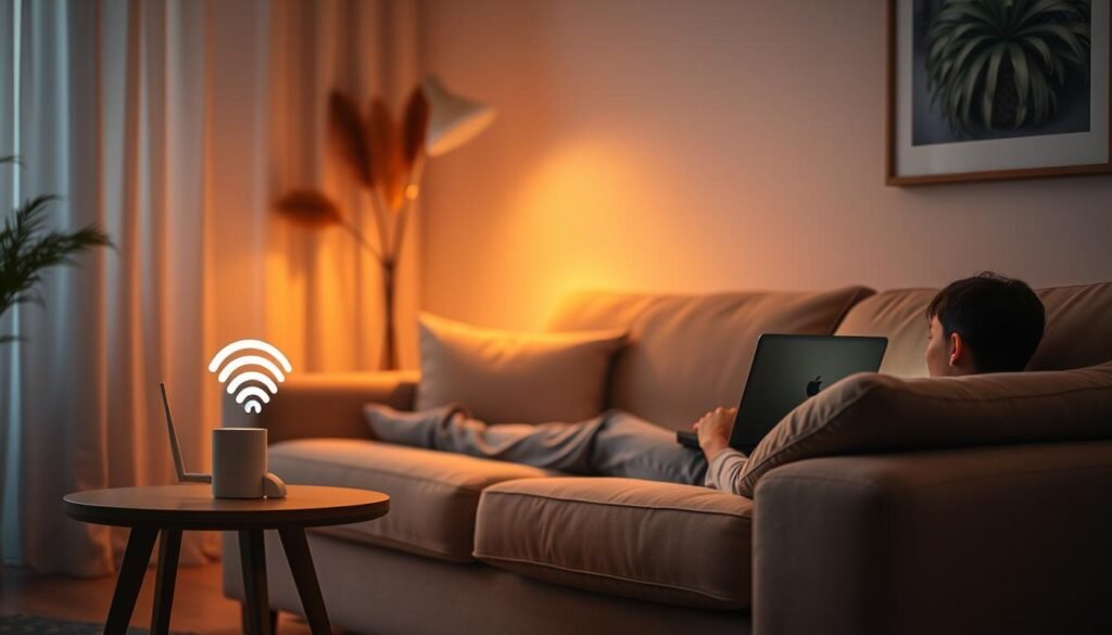 A cozy living room scene, bathed in warm, ambient lighting from a Wi-Fi router on a side table. A person relaxes on a plush sofa, laptop open, engrossed in an online experience - streaming a video, browsing the web, or video chatting with friends. The room is filled with a sense of comfort and productivity, conveying the seamless, reliable connectivity of a Wi-Fi-powered digital lifestyle. Soft textures, muted colors, and a subtle, natural aesthetic evoke a serene, distraction-free environment conducive to a pleasant online experience. A cozy living room scene, bathed in warm, ambient lighting from a Wi-Fi router on a side table. A person relaxes on a plush sofa, laptop open, engrossed in an online experience - streaming a video, browsing the web, or video chatting with friends. The room is filled with a sense of comfort and productivity, conveying the seamless, reliable connectivity of a Wi-Fi-powered digital lifestyle. Soft textures, muted colors, and a subtle, natural aesthetic evoke a serene, distraction-free environment conducive to a pleasant online experience.