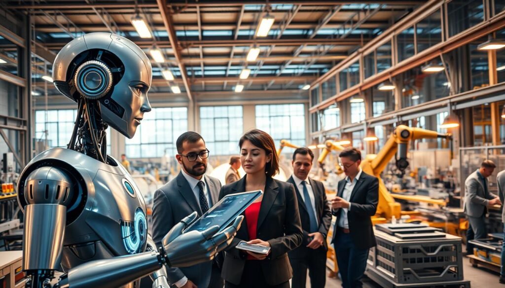 A dynamic industrial scene showcasing AI agents in a modern manufacturing environment. In the foreground, a humanoid robot with sleek, metallic features collaborates with a diverse group of engineers dressed in professional business attire, analyzing data on holographic displays. The middle ground features advanced machinery and robotic arms assembling products with precision, illuminated by soft, ambient overhead lighting. In the background, large windows reveal a bustling factory floor with automated systems efficiently working together. A warm color palette enhances the atmosphere, reflecting innovation and teamwork within the realm of Industry 4.0. The image captures the essence of technology-driven collaboration in manufacturing, emphasizing the vital role of AI agents.