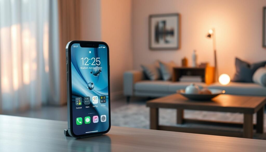 A modern and sleek Apple iPhone transformed into a smart display, showcasing its StandBy Mode. In the foreground, the iPhone prominently displays customizable widgets, such as a clock, calendar, and weather updates, illuminated with soft, ambient light. In the middle ground, a stylish, minimalistic room with soft textures and neutral colors complements the theme of technology and innovation. Soft shadows cast across a wooden table enhance a warm atmosphere. In the background, a cozy living space hints at a blend of comfort and modernity, with soft glowing light from a nearby window. The overall mood is inviting and futuristic, emphasizing the integration of technology into daily life while maintaining a sense of elegance and simplicity. High-quality lighting mimics a gentle sunrise effect, creating a dynamic interplay of light and shadow. A modern and sleek Apple iPhone transformed into a smart display, showcasing its StandBy Mode. In the foreground, the iPhone prominently displays customizable widgets, such as a clock, calendar, and weather updates, illuminated with soft, ambient light. In the middle ground, a stylish, minimalistic room with soft textures and neutral colors complements the theme of technology and innovation. Soft shadows cast across a wooden table enhance a warm atmosphere. In the background, a cozy living space hints at a blend of comfort and modernity, with soft glowing light from a nearby window. The overall mood is inviting and futuristic, emphasizing the integration of technology into daily life while maintaining a sense of elegance and simplicity. High-quality lighting mimics a gentle sunrise effect, creating a dynamic interplay of light and shadow.