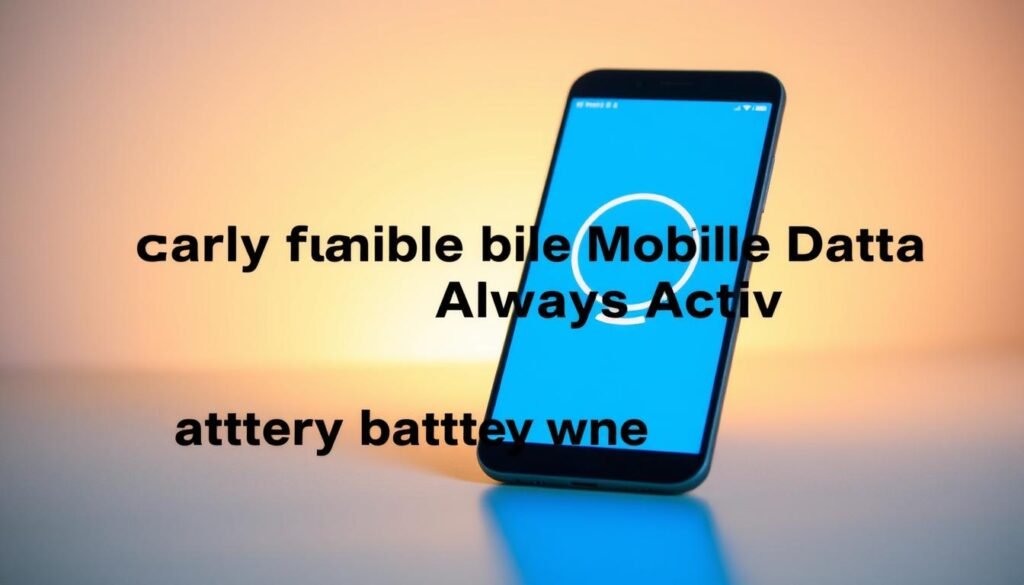 A modern smartphone with its screen displaying a mobile data indicator, illuminated by soft, warm lighting that casts a gentle glow over the device. The device is set against a minimalist, slightly blurred background, highlighting the central focus on the mobile data visualization. The image conveys a sense of technology, connectivity, and efficiency, reflecting the topic of quickly disabling the "Mobile Data Always Active" setting to conserve battery life while using Wi-Fi. A modern smartphone with its screen displaying a mobile data indicator, illuminated by soft, warm lighting that casts a gentle glow over the device. The device is set against a minimalist, slightly blurred background, highlighting the central focus on the mobile data visualization. The image conveys a sense of technology, connectivity, and efficiency, reflecting the topic of quickly disabling the "Mobile Data Always Active" setting to conserve battery life while using Wi-Fi.