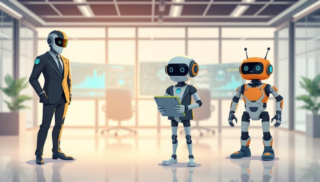 An educational illustration depicting the differences between AI Agents, AI Assistants, and Bots. In the foreground, feature three distinct humanoid figures symbolizing each type of AI: an AI Agent with advanced technology, wearing a sleek suit, exuding authority; an AI Assistant presented as a friendly character in smart casual attire, holding a digital tablet; and a Bot represented as a cute, robotic figure with bright colors, suggesting simplicity. In the middle ground, show a futuristic workspace with digital screens displaying graphs and data. The background consists of a modern office environment with soft, natural lighting creating a professional atmosphere. The image should evoke a sense of innovation and collaboration, with a focus on the roles of different AI entities in contemporary tasks.