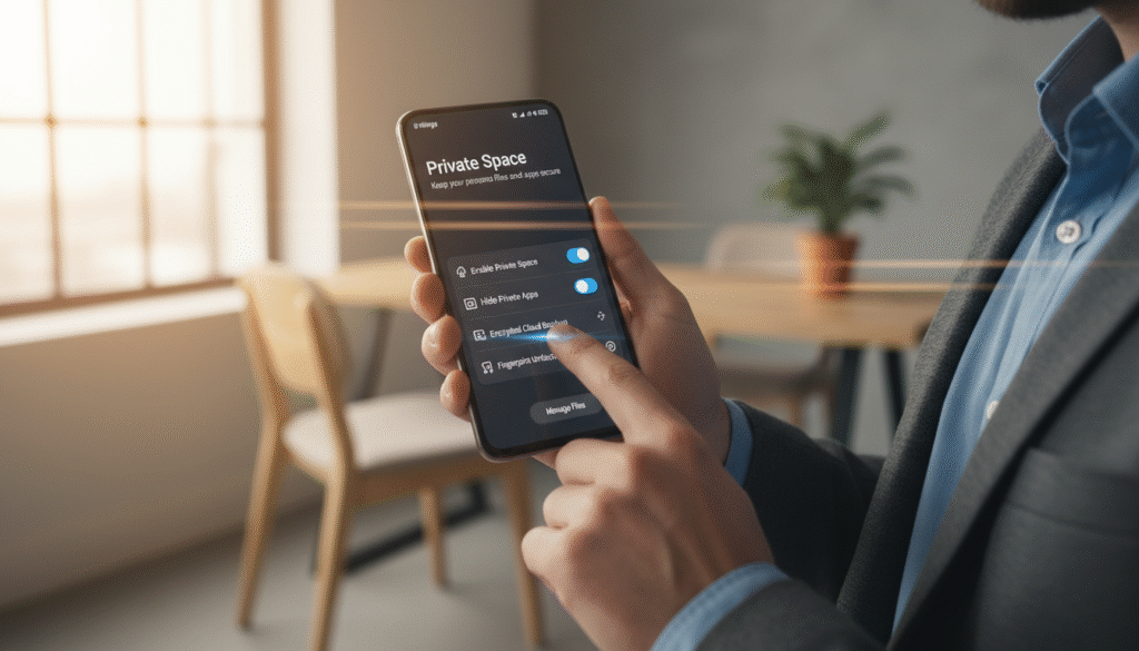 A close-up view of a smartphone screen displaying the "Private Space" feature in an Android settings menu. The foreground features a well-groomed individual in smart casual clothing, tapping on the screen with focused intent. The middle layer shows the smartphone with a clear and detailed interface of the Private Space options, highlighting toggles and settings for privacy. The background is softly blurred, depicting a cozy, modern workspace with warm lighting, emphasizing a professional atmosphere. Natural light filters in through a window, casting gentle reflections on the phone's screen, creating an inviting yet tech-savvy environment. The overall mood is educational and encouraging, perfect for a tutorial on using tech features. A close-up view of a smartphone screen displaying the "Private Space" feature in an Android settings menu. The foreground features a well-groomed individual in smart casual clothing, tapping on the screen with focused intent. The middle layer shows the smartphone with a clear and detailed interface of the Private Space options, highlighting toggles and settings for privacy. The background is softly blurred, depicting a cozy, modern workspace with warm lighting, emphasizing a professional atmosphere. Natural light filters in through a window, casting gentle reflections on the phone's screen, creating an inviting yet tech-savvy environment. The overall mood is educational and encouraging, perfect for a tutorial on using tech features.