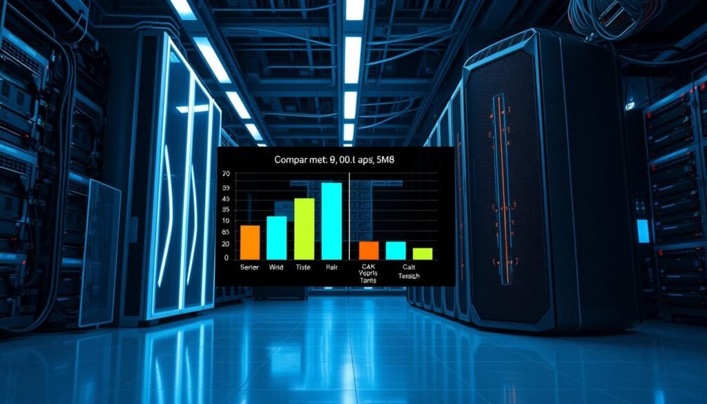 A futuristic supercomputer room as the foreground, showcasing the impressive El Capitan with its sleek, high-tech design and shimmering lights, surrounded by intricate wiring and cooling systems. In the middle ground, display a comparison chart illustrating performance metrics with glowing bars visualizing its capabilities against other supercomputers, giving a sense of competition. In the background, include a dimly lit lab environment filled with servers and high-tech equipment. The lighting should be a mixture of soft blue and white lights, emphasizing the advanced technology. The atmosphere is one of innovation and power, conveying a sense of excitement and potential in the realm of supercomputing. The image should be sharp and detailed, captured from a slightly elevated angle to highlight the scale and complexity of the setup.