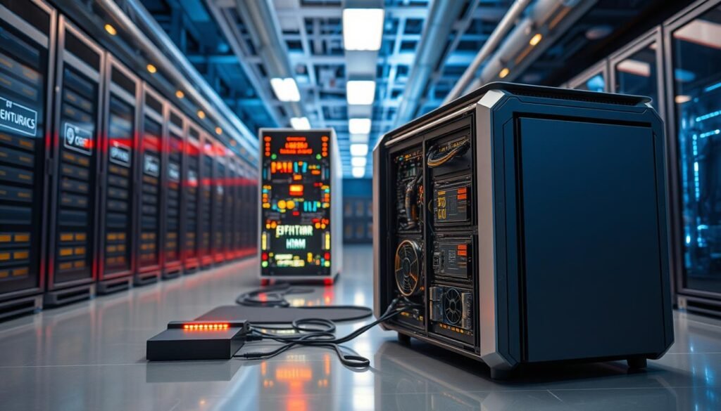 A high-tech supercomputer setup featuring the El Capitan model, prominently displayed in the foreground. The sleek, futuristic design showcases an array of powerful processors and high-bandwidth memory (HBM3) modules, all in a metallic finish. In the middle ground, intricate circuit boards and glowing LED indicators add depth and complexity, illustrating the advanced technology at work. The background is a softly lit data center, with rows of additional supercomputers and cooling systems, emphasizing the scale of this technological marvel. The image captures a professional atmosphere, with warm hues of blue and silver lighting reflecting innovation and power. The scene is shot from a slightly elevated angle, providing a dynamic perspective on the impressive specifications and performance of El Capitan.