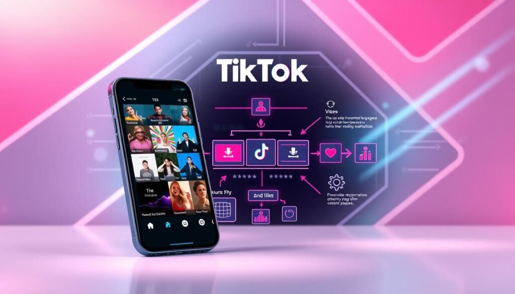 A visually engaging illustration of the TikTok recommendation algorithm, emphasizing its key factors. In the foreground, a smartphone displaying the TikTok app with vibrant video thumbnails representing various content genres, suggesting diversity in user preferences. In the middle, a stylized flowchart or infographic design illustrating the algorithm’s mechanics, like user interactions, video engagement, and content trending patterns, with arrows and icons for clarity. The background features a modern digital aesthetic with abstract shapes and light patterns, creating a dynamic, tech-inspired atmosphere. Soft lighting enhances the image, giving it a professional look, while a slightly angled perspective makes it visually interesting and inviting. The overall mood is analytical yet engaging, reflecting innovation in social media technology.