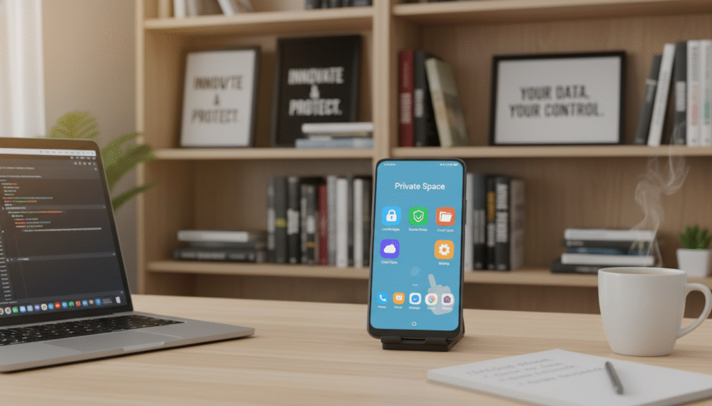 An organized workspace featuring a modern Android smartphone displaying the Private Space feature. In the foreground, a clean desk with a sleek laptop, notepad, and a cup of coffee creates a professional atmosphere. In the middle, the smartphone is prominently positioned, showcasing the Private Space interface clearly, with vibrant icons and a user-friendly layout. In the background, a soft-focus bookshelf filled with tech books and inspirational quotes enhances the environment. Warm, natural lighting streams through a nearby window, illuminating the scene, creating an inviting and productive mood. The camera angle is slightly elevated, focusing on the phone while capturing the essence of preparation and organization for using Private Space on Android devices. An organized workspace featuring a modern Android smartphone displaying the Private Space feature. In the foreground, a clean desk with a sleek laptop, notepad, and a cup of coffee creates a professional atmosphere. In the middle, the smartphone is prominently positioned, showcasing the Private Space interface clearly, with vibrant icons and a user-friendly layout. In the background, a soft-focus bookshelf filled with tech books and inspirational quotes enhances the environment. Warm, natural lighting streams through a nearby window, illuminating the scene, creating an inviting and productive mood. The camera angle is slightly elevated, focusing on the phone while capturing the essence of preparation and organization for using Private Space on Android devices.