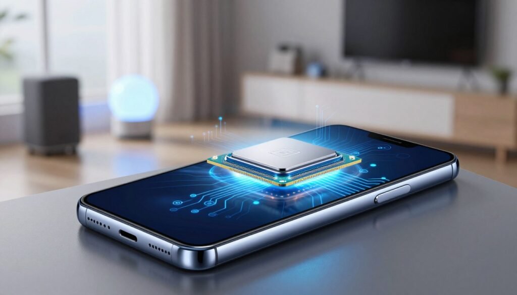 A detailed and visually engaging illustration showcasing a modern smartphone, prominently displaying its high-performance processor and impressive hardware specifications. In the foreground, the smartphone, sleek and stylish, emits a soft glow, emphasizing its features, while circuitry designs subtly illuminate the background. The middle ground features a blurred depiction of a smart home environment, including smart speakers and lights, illustrating the device's capabilities as a remote control. The lighting is bright and dynamic, with a gentle play of shadows that enhances depth. The camera angle is slightly tilted, providing a sense of movement and innovation. The overall mood is futuristic and tech-savvy, appealing to a modern audience excited about smart home technology. A detailed and visually engaging illustration showcasing a modern smartphone, prominently displaying its high-performance processor and impressive hardware specifications. In the foreground, the smartphone, sleek and stylish, emits a soft glow, emphasizing its features, while circuitry designs subtly illuminate the background. The middle ground features a blurred depiction of a smart home environment, including smart speakers and lights, illustrating the device's capabilities as a remote control. The lighting is bright and dynamic, with a gentle play of shadows that enhances depth. The camera angle is slightly tilted, providing a sense of movement and innovation. The overall mood is futuristic and tech-savvy, appealing to a modern audience excited about smart home technology.